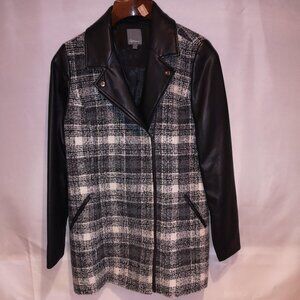 Reitmans Ladies Black & White Plaid with Faux Leather Sleeves & Accents Coat